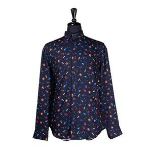 Mens Shirt Button Up Blue Red Geometric Silky Handmade Dress Casual Beach Large